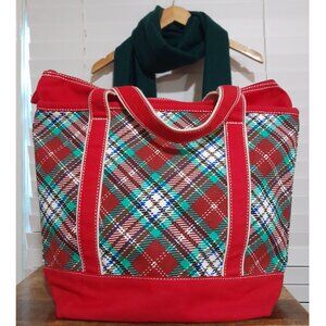 Landsend canvas tote bag plaid red green white VIEW PICTURES